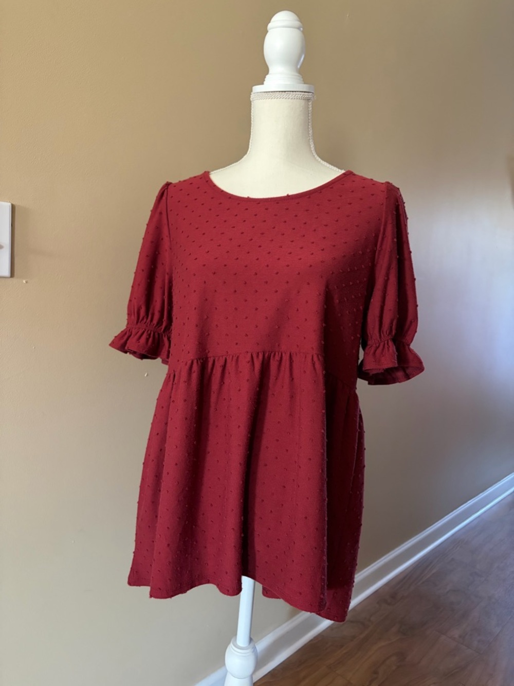 Textured Swiss Dot Babydoll Top in Deep Red